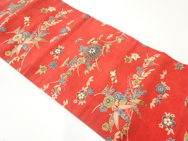 手織り紬本草木型染菊に梅笹模様名古屋帯